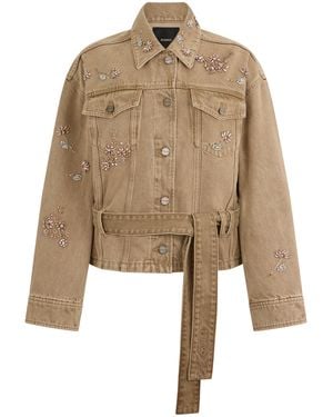 Pinko Denim Jacket With Belt And Jewelry Embroidery - Natural