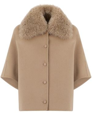 Yves Salomon Short Wool Coat With Shearling Collar - Natural