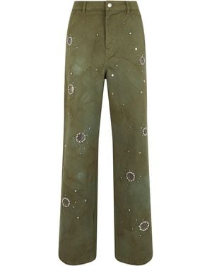 Des Phemmes Wide Leg Pants With Decorative Crystals - Green