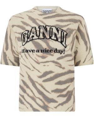 Ganni Wool Printed T-Shirt - White