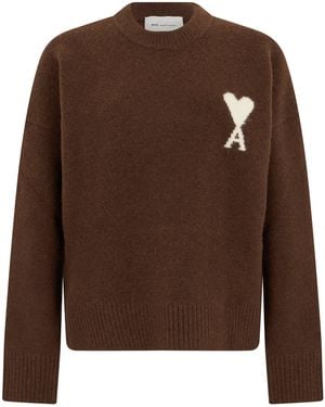 Ami Paris Crew Neck Jumper With Logo - Brown