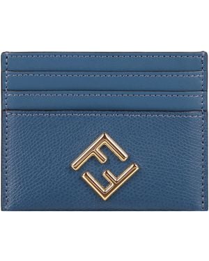 Fendi Pebbled Leather FF Diamonds Card Holder - Blue