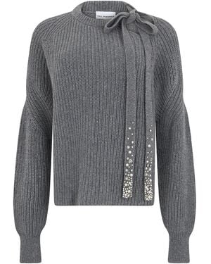 Des Phemmes Crew Neck Sweater With Bow And Decorative Crystals - Gray