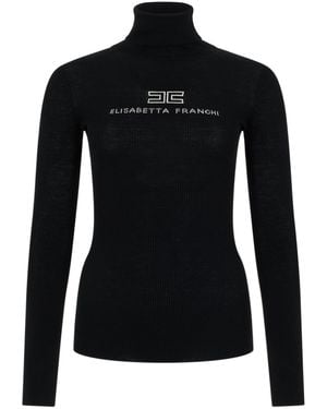 Elisabetta Franchi High Neck Jumper With Logo - Black