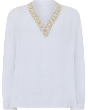 120% Lino Cotton Blouse With Rhinestones - White