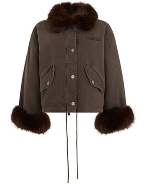 Pinko Synthetic Fur Collar Mini Jacket With Button Closure And Drawstring - Brown
