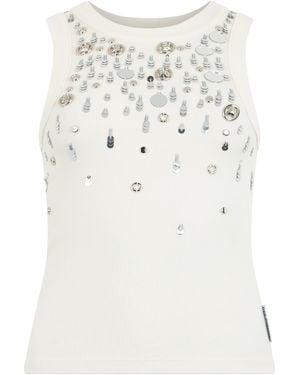 Des Phemmes Top smanicato in cotone con cristalli - Bianco