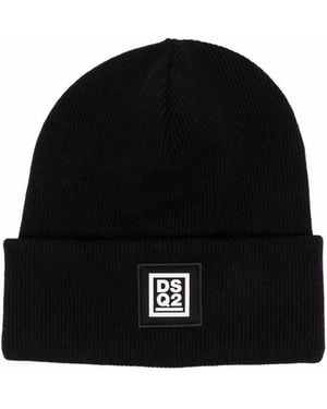 DSquared² Logo-Patch Knitted Beanie Hat - Black