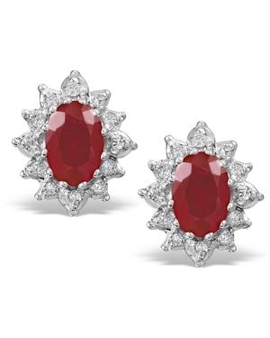 The Diamond Store Ruby 6 X 4Mm And Diamond Cluster 9K Earrings - Red