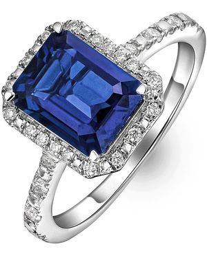 The Diamond Store Astra 1.90Ct Lab Sapphire Halo Shoulder Set Octagon Cut Ring - Blue