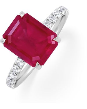 The Diamond Store Amora Gem 2.50Ct Emerald Cut Lab Ruby Hidden Halo Engagement Ring With Side Stones - Red