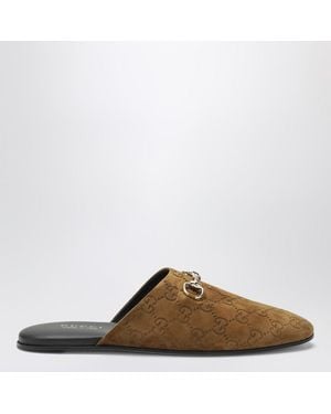 Gucci Suede Gg Mules With Horsebit Detail - Brown