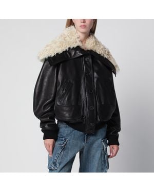 The Attico Leather Bomber Jacket With Shearling Collar - Black