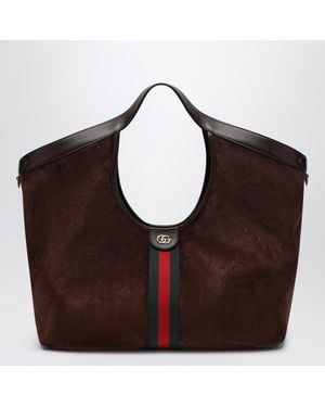 Gucci Große Braune Giglio Shopping-Tasche Aus Veloursleder