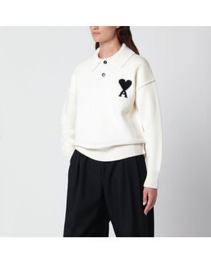 Ami Paris Ami De Coeur Wool Polo Sweater - White