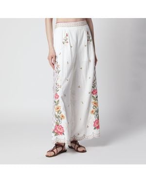FARM Rio Linenblend Pants With Floral Embroidery - White