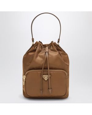Prada Duet Brandy Re-Nylon Bucket Bag With Top Handle, Enamel Triangle Logo - Brown