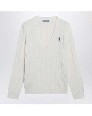 Prada Cable-Knit V-Neck Sweater - White