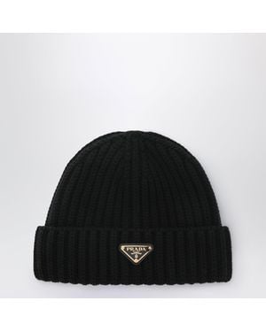 Prada Wool Beanie With Logo Triangle - Black