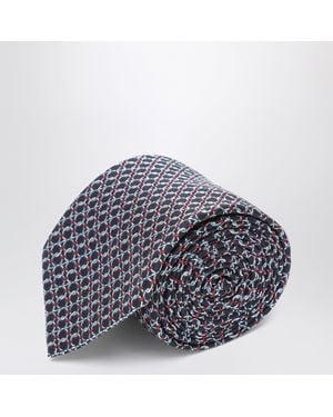 Ferragamo Cravate Gancini Bleu Foncé En Soie Jacquard