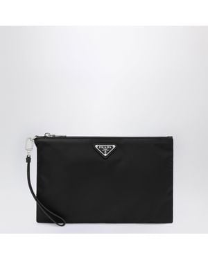 Prada Schwarze Pouch Aus Re-Nylon Und Saffiano-Leder