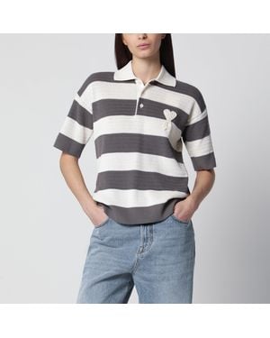 Ami Paris Ami De Coeur Striped Cotton Knit Polo Shirt - Grey