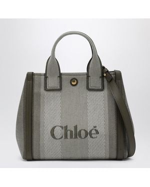 Chloé Tote bag carry small in tela a righe verde scura - Multicolore