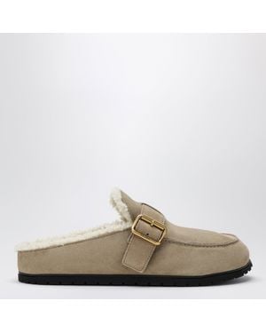 Prada Desert Suede Clogs With Shearling Lining - Natural