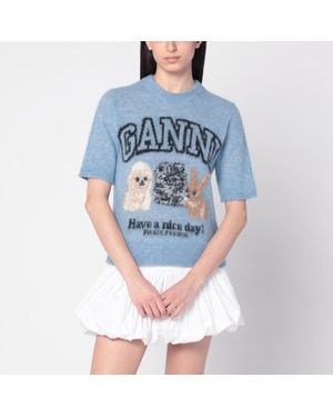 Ganni Hellblauer Pullover Mit Logo Aus Alpakamischung