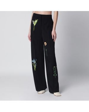 Stella McCartney Wool Trousers With Floral Embroidery - Black