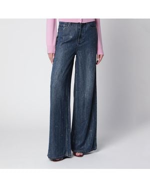Self-Portrait Wide-Leg Denim Jeans With Rhinestone Stripes - Blue