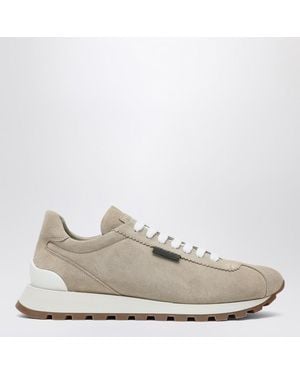 Brunello Cucinelli Suede Trainers With Shiny Tab - White