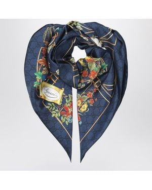 Gucci Midnight Silk Scarf With Flora Print - Blue