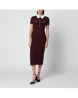 Self-Portrait Textured Knit Midi Dress With Contrasting Collar & Rhinestone Buttons