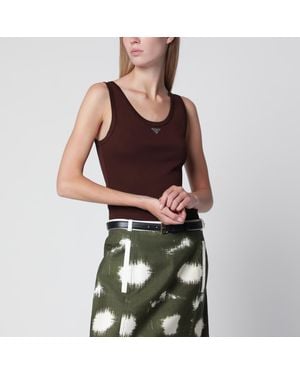 Prada Ribbed Cotton Top With Triangle Logo - Brown