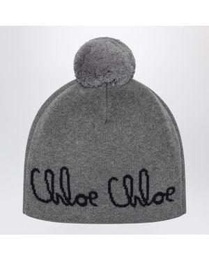 Chloé Pom-Pom Beanie With Logo - Grey