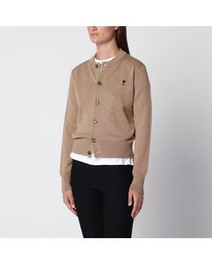 Ami Paris Camel Ami De Coeur Wool Cardigan - Natural