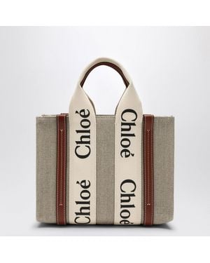 Chloé Kleine Woody-Tasche Aus Beigem Leinen - Weiß