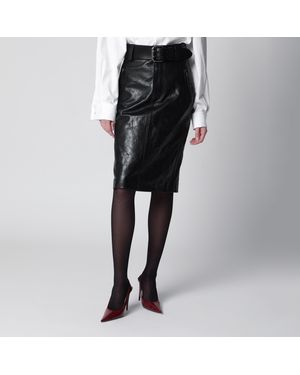 Saint Laurent Crinkled Calfskin Belted Pencil Skirt - Black