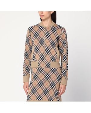 Burberry Check Wool Zip-Up Cardigan - Natural
