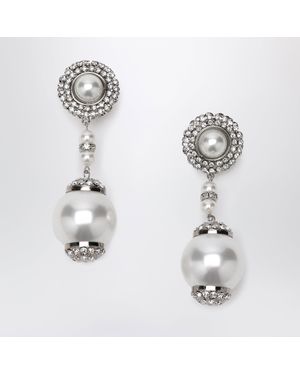 Alessandra Rich Silvertone Clip Earrings With Pearl And Crystal Pendant - Metallic