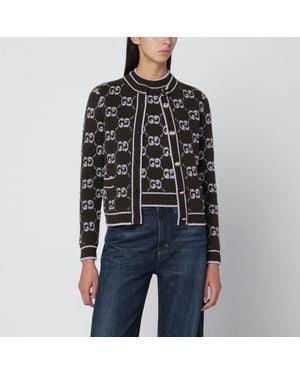 Gucci Military/Lilac Cardigan With Gg Jacquard Bouclé - Black