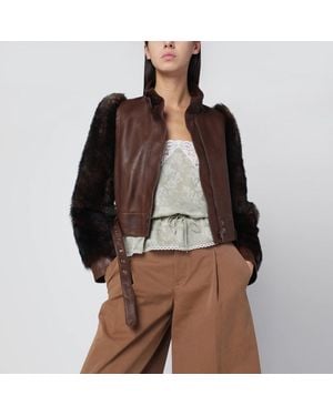 Chloé Veste Courte En Cuir Et Shearling - Marron