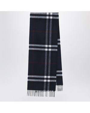 Burberry Dark Cashmere Scarf With Check Pattern - Blue