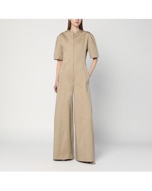 Thelatest Sand Coloured Palazzo Jumpsuit In Cotton - Natural