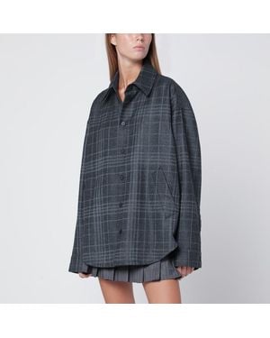 Balenciaga Veste Chemise Grise En Tartan De Laine - Bleu
