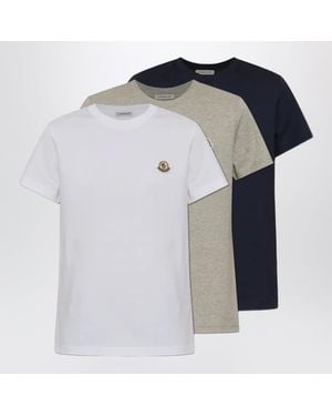 Moncler Pack Of Three Cotton T-Shirts With Logo Patch - Blue