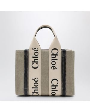 Chloé Kleine Woody-Tasche Aus Beigem Leinen - Mettallic