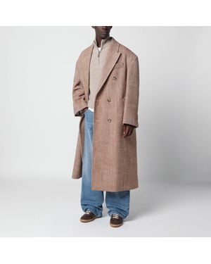 Ami Paris Long And Ivory Herringbone Wool Coat - Blue