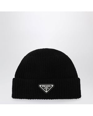 Prada Wool Hat With Triangle Logo - Black